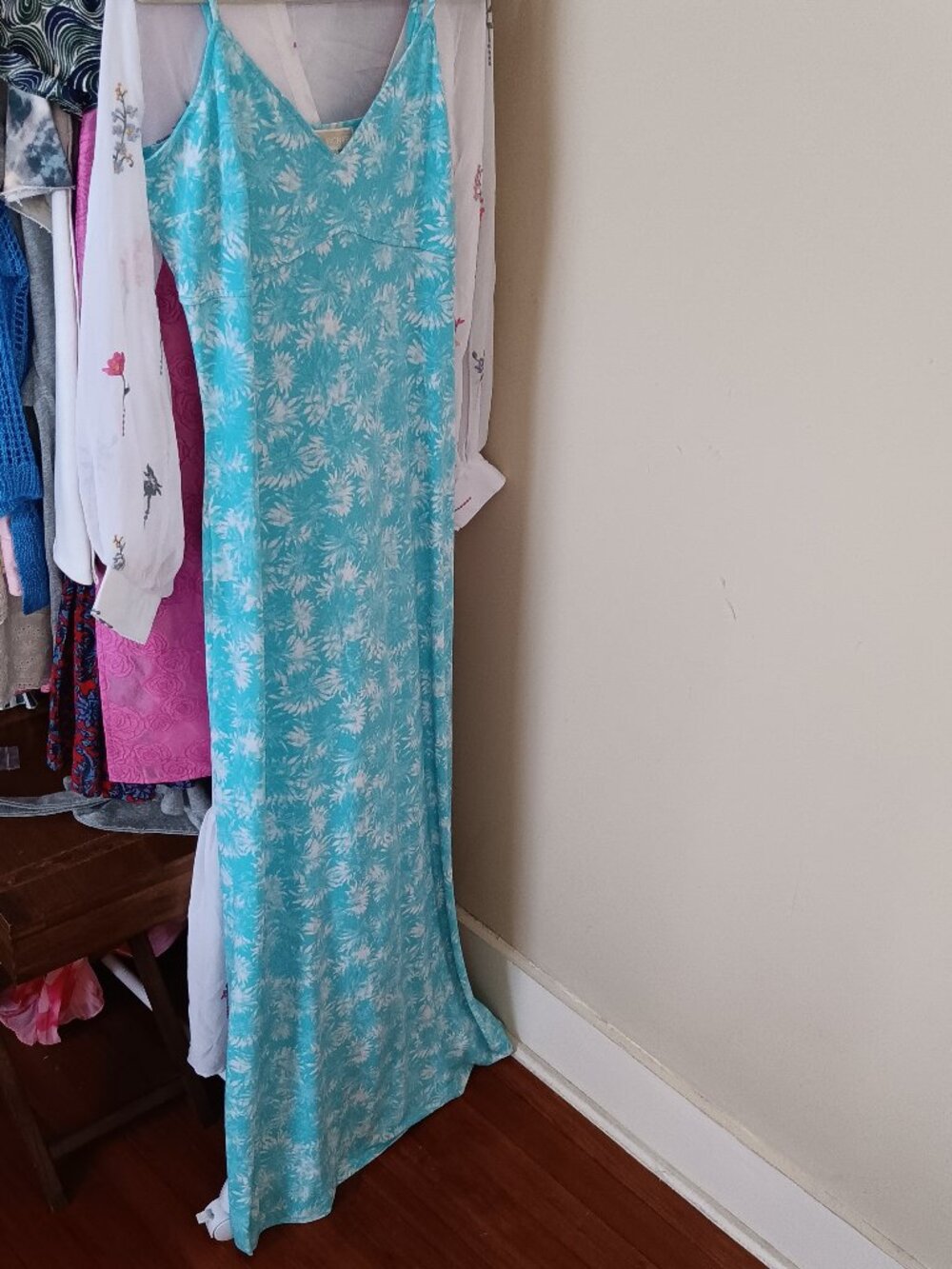 NWT Aqua & White Palm Print Knit Maxi Sundress Michael Kors Size M